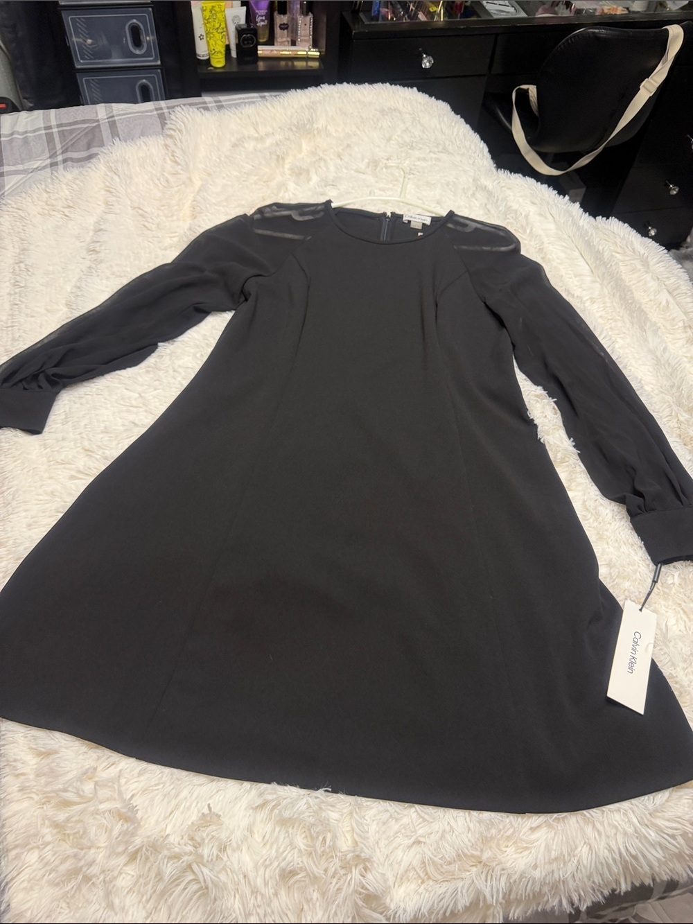 Calvin Klein Black Long-Sleeve Shift Dress with Sheer Shoulder Detail